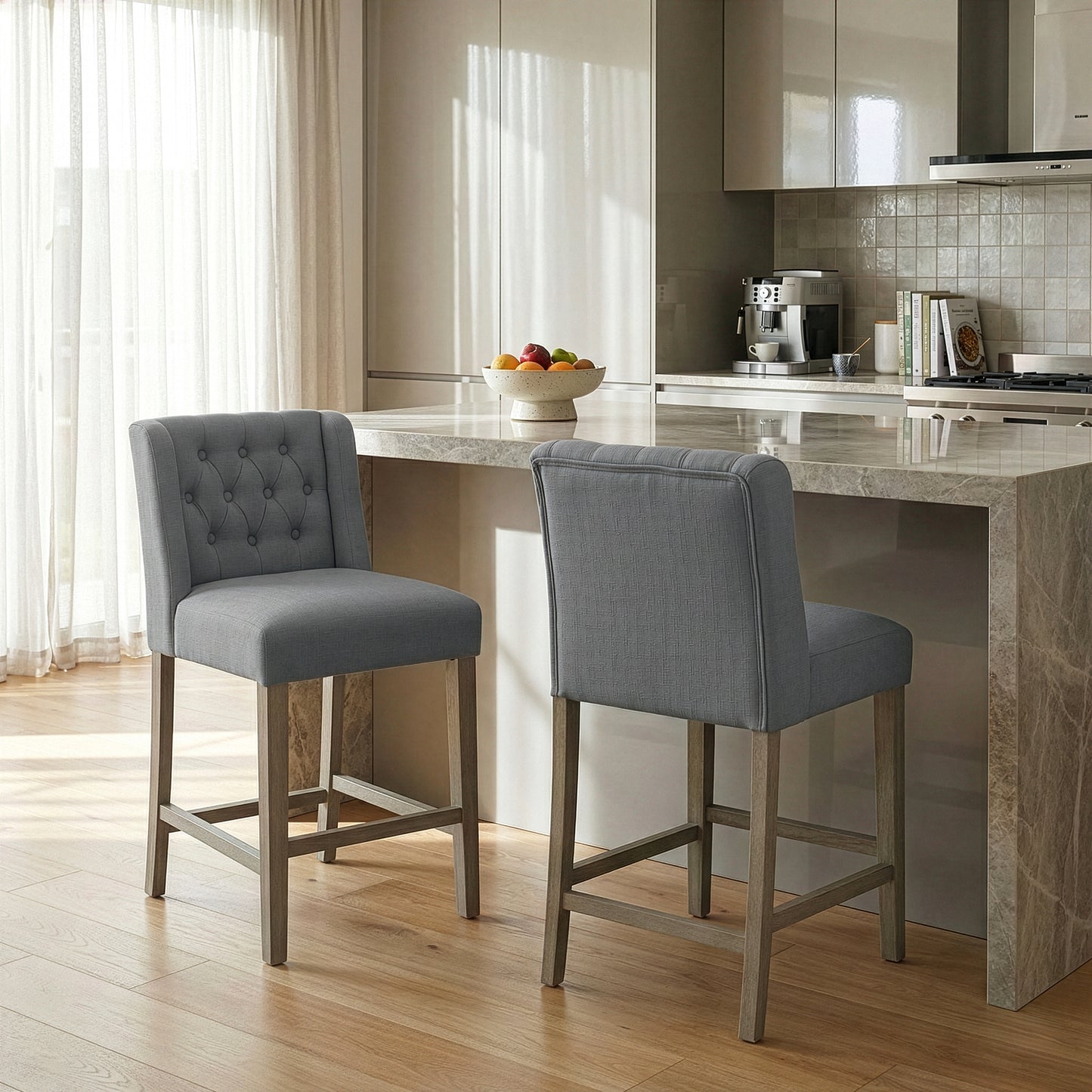 Set of 2 Aled Grey Fabric Counter Stool with Side Wings and Tufted Buttons