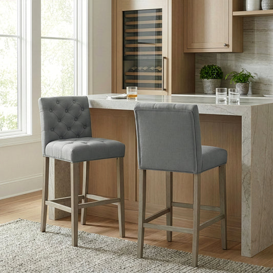 Set of 2 Alee Grey Fabric Bar Stool with Tufted Buttons and Wood Legs