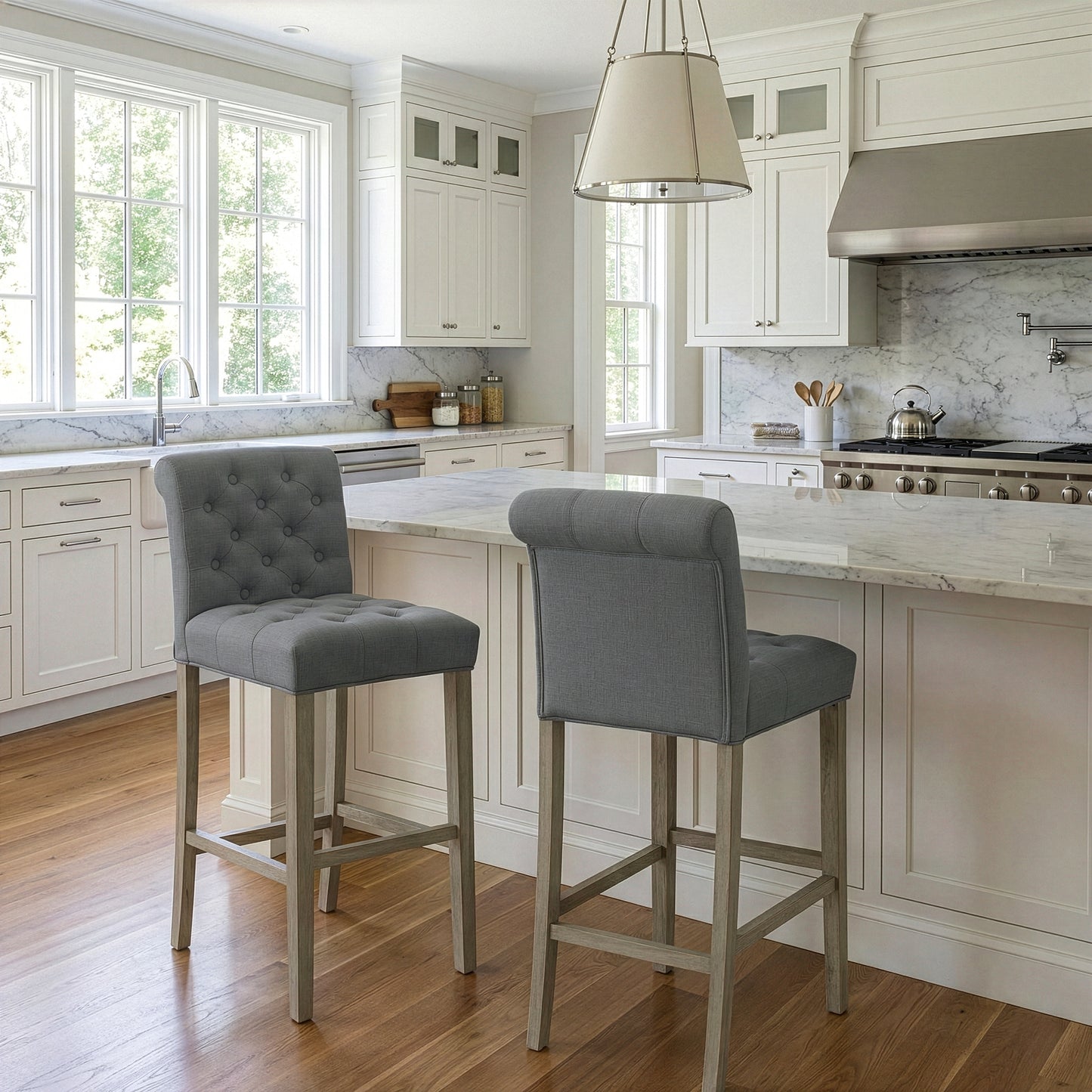 Set of 2 Aleen Grey Fabric Bar Stool with Roll Back Design and Tufted Buttons