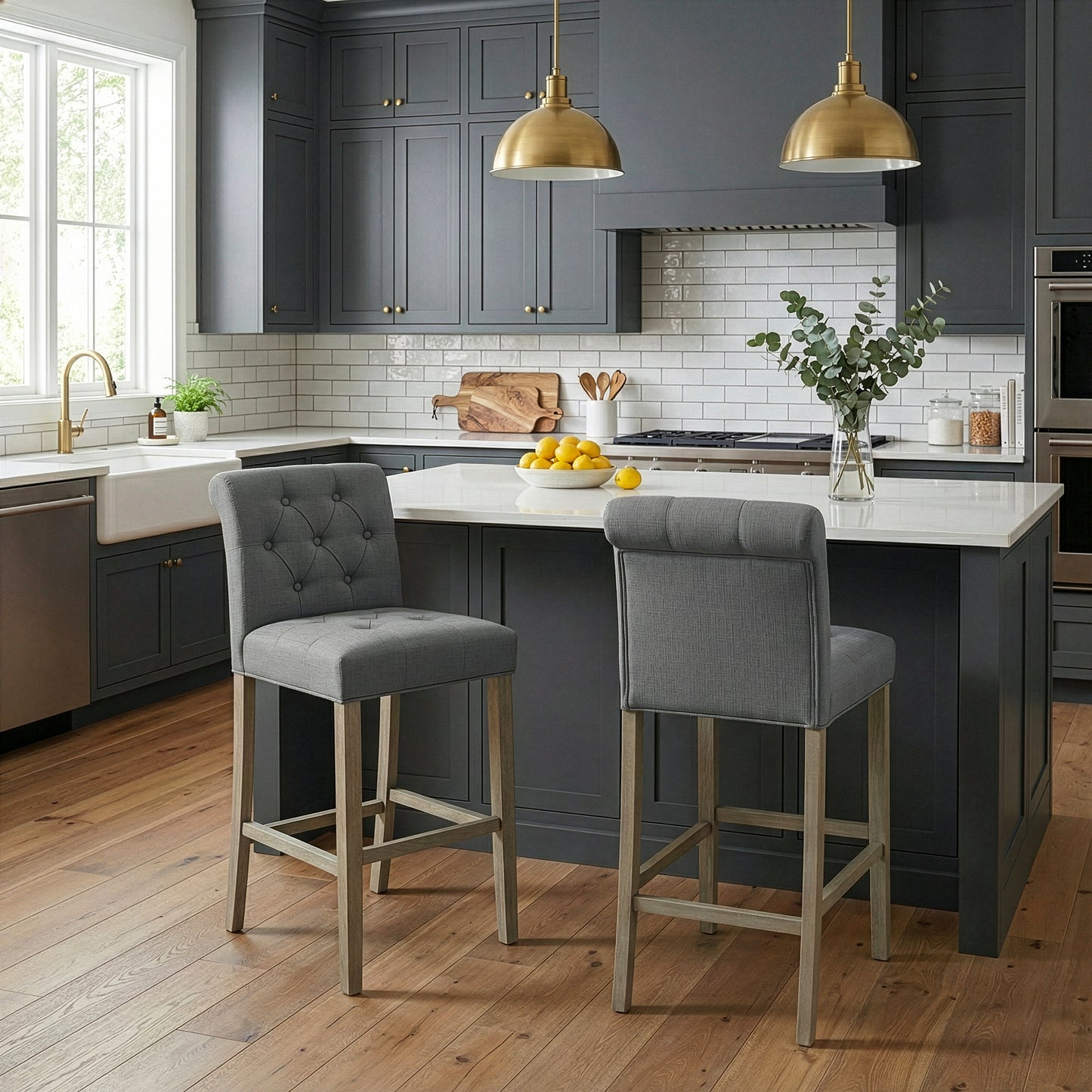 Set of 2 Aleen Grey Fabric Bar Stool with Roll Back Design and Tufted Buttons