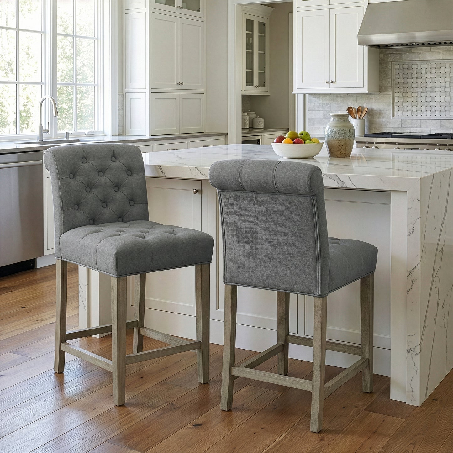 Set of 2 Aleen Grey Fabric Counter Stool with Roll Back Design and Tufted Buttons