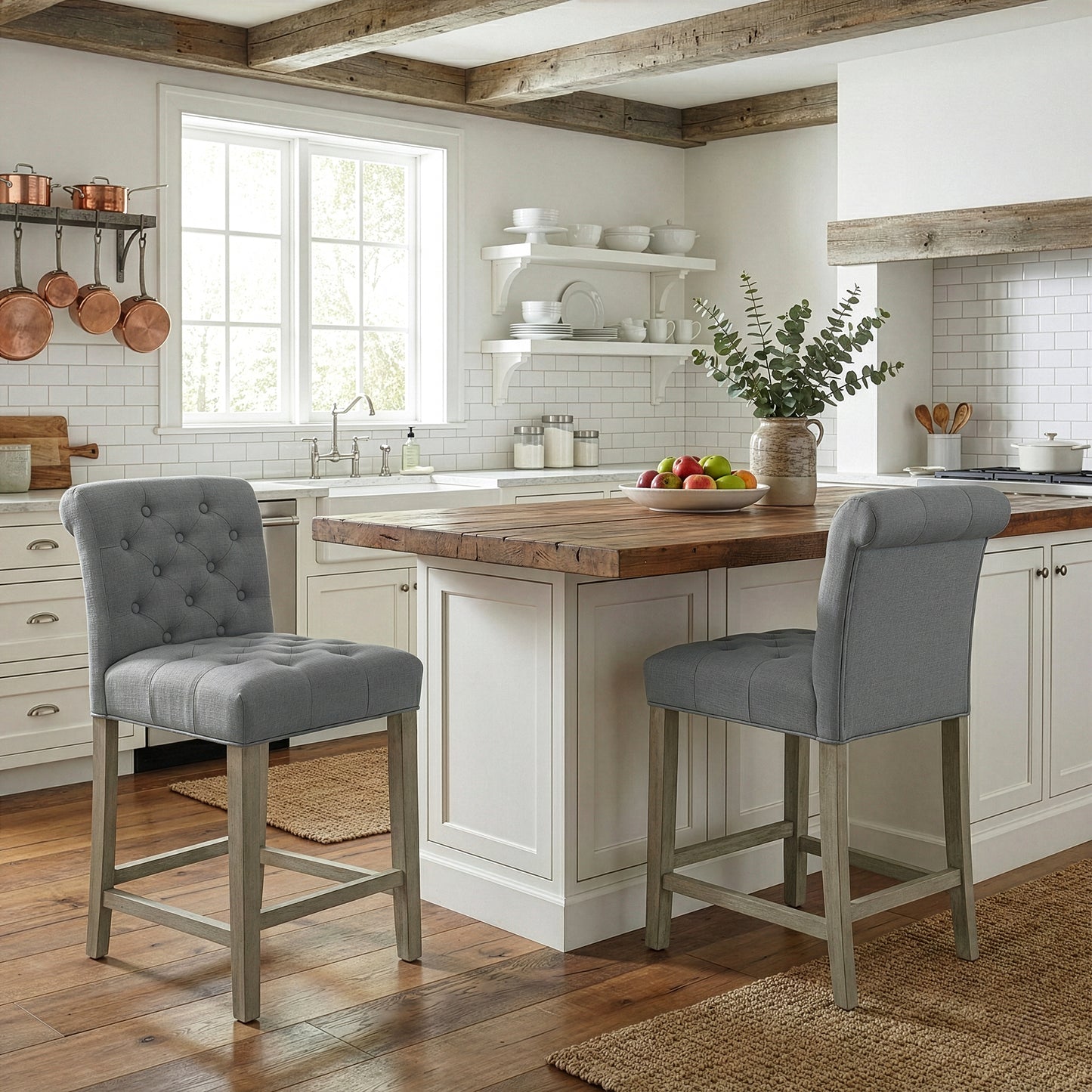 Set of 2 Aleen Grey Fabric Counter Stool with Roll Back Design and Tufted Buttons