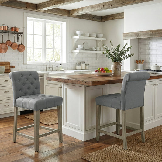 Set of 2 Aleen Grey Fabric Counter Stool with Roll Back Design and Tufted Buttons