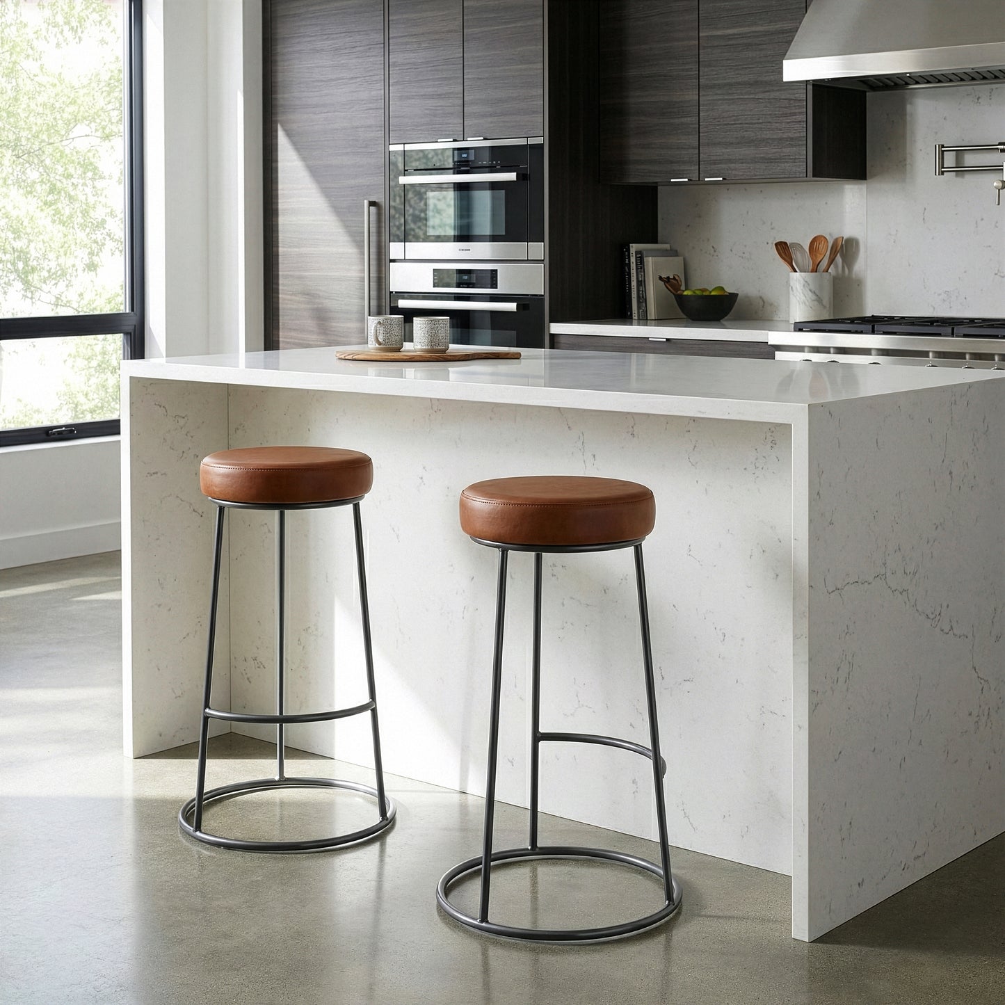 Set of 2 Amie Brown Backless Bar Stool with Gunmetal Grey Frame