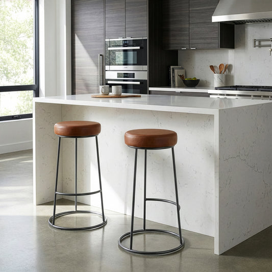 Set of 2 Amie Brown Backless Bar Stool with Gunmetal Grey Frame