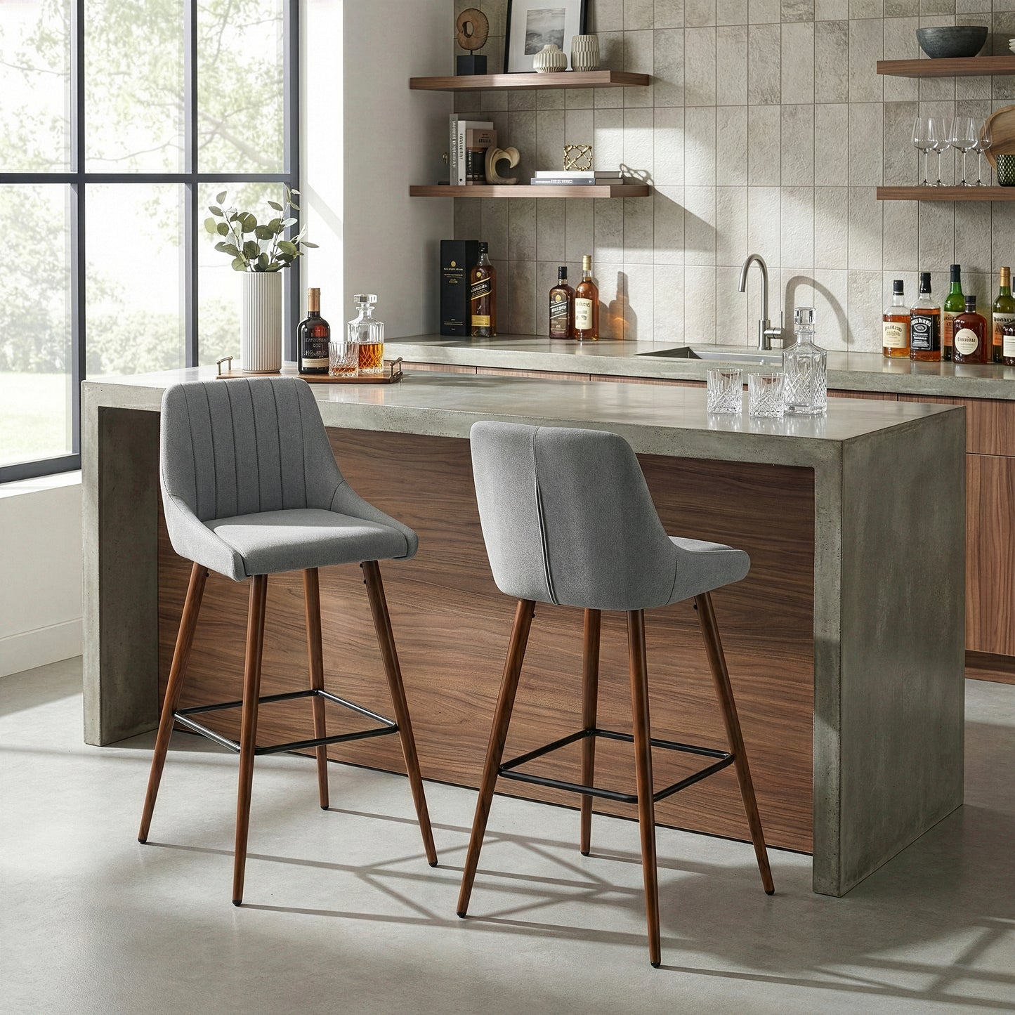 Set of 2 Amos Grey Fabric Barstool with Metal Frame and Legs