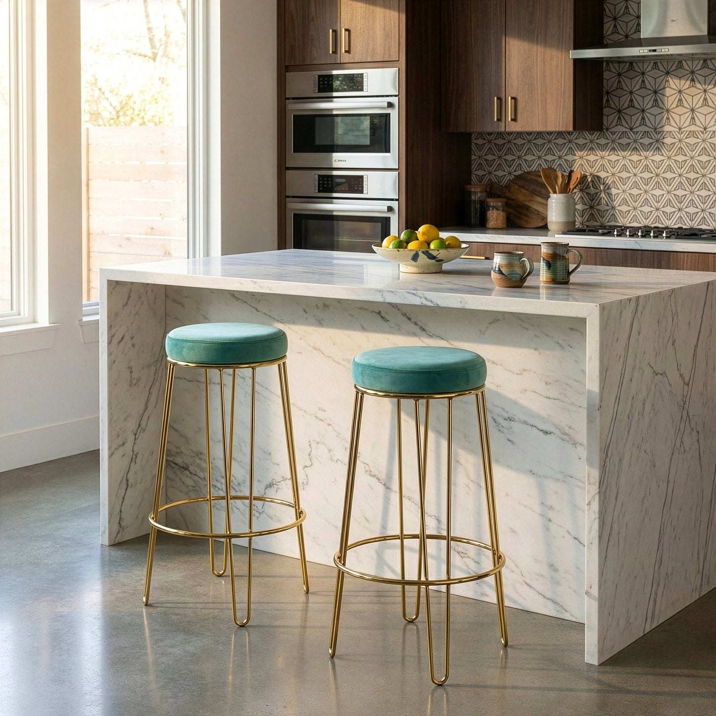 Set of 2 Angie Turquoise Velvet Bar Stool with Golden Metal Frame