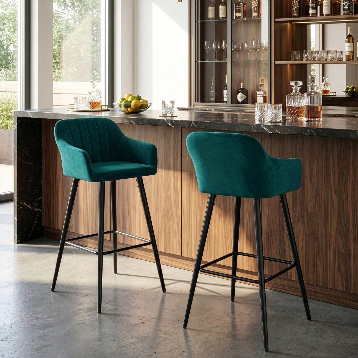 Set of 2 Anisa Teal Velvet Barstool with Decorative Stitching