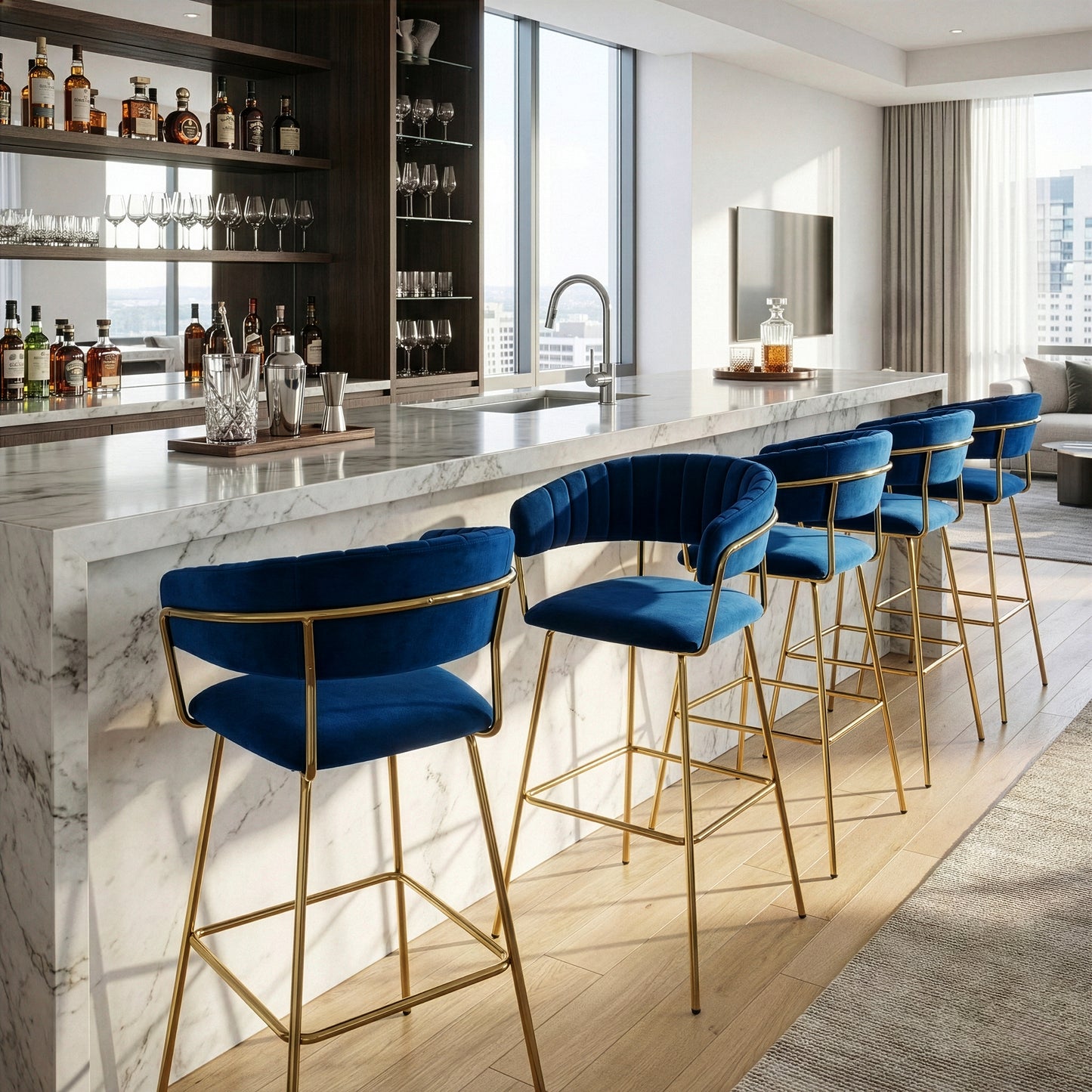 Set of 2 Anya Blue Velvet Barstool with Golden Metal Legs