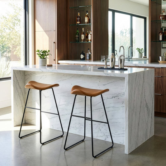 Set of 2 Aoi Brown Faux Leather Backless Barstool with Black Metal Legs