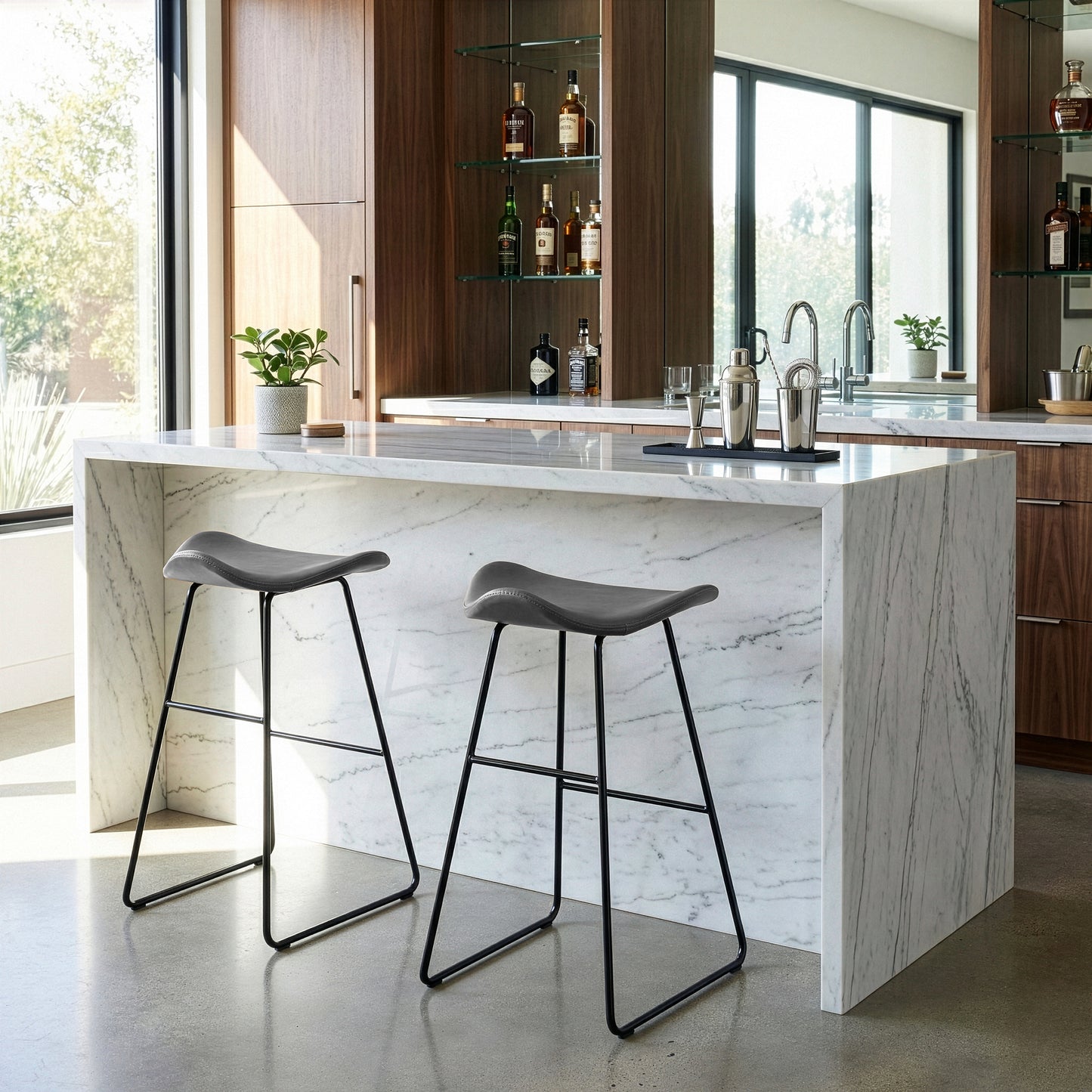 Set of 2 Aoi Grey Faux Leather Backless Barstool with Black Metal Legs