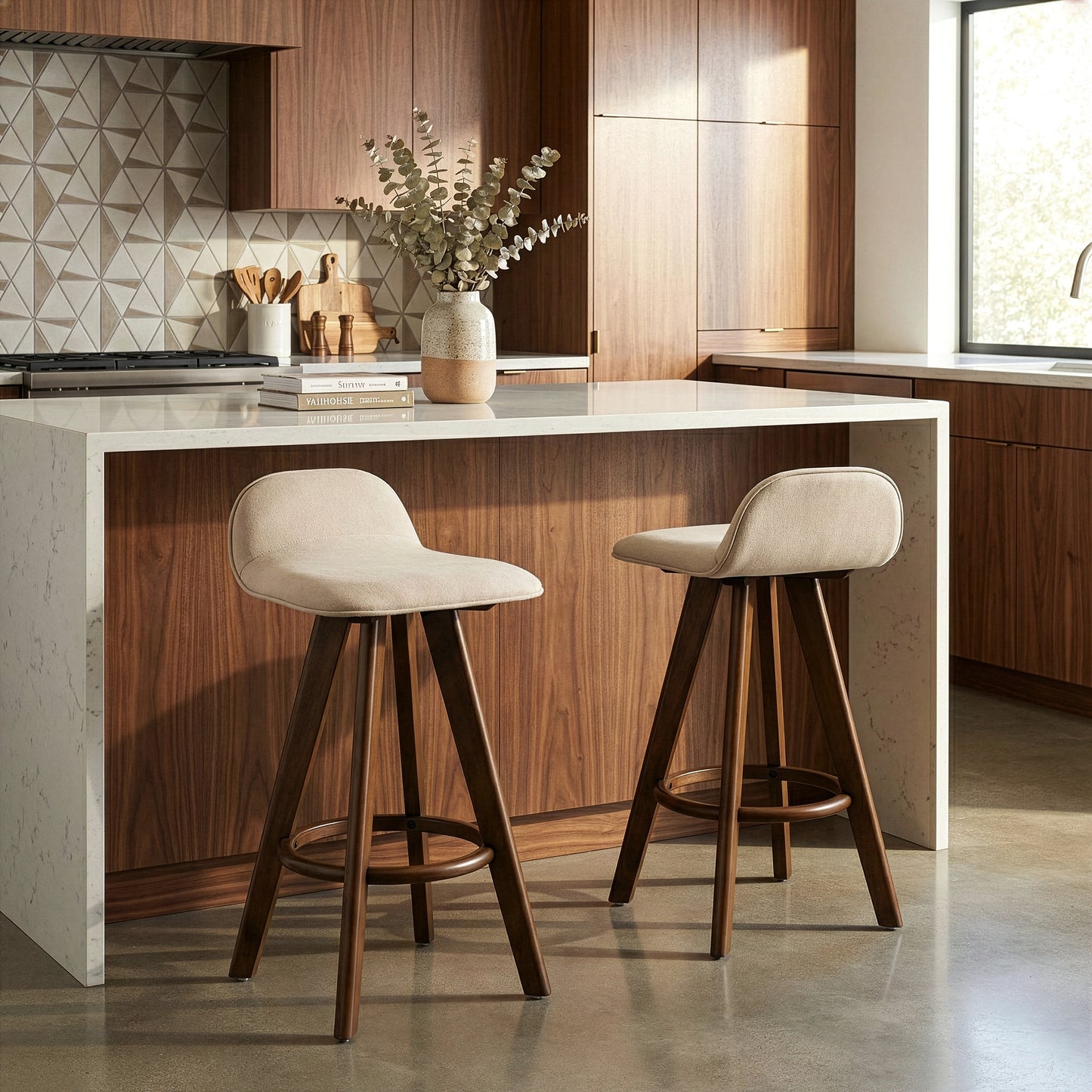 Set of 2 Asta Dark Brown Rubberwood Barstool with Low Back Fabric Seat