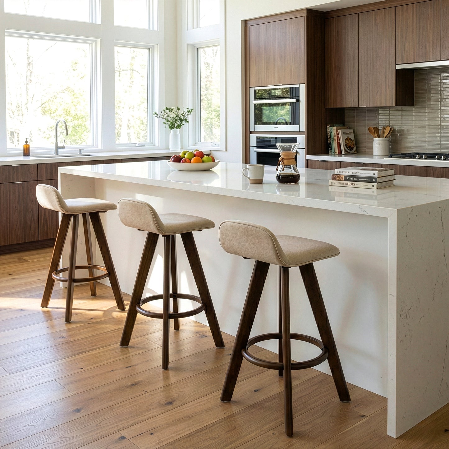 Set of 2 Asta Dark Brown Rubberwood Barstool with Low Back Fabric Seat