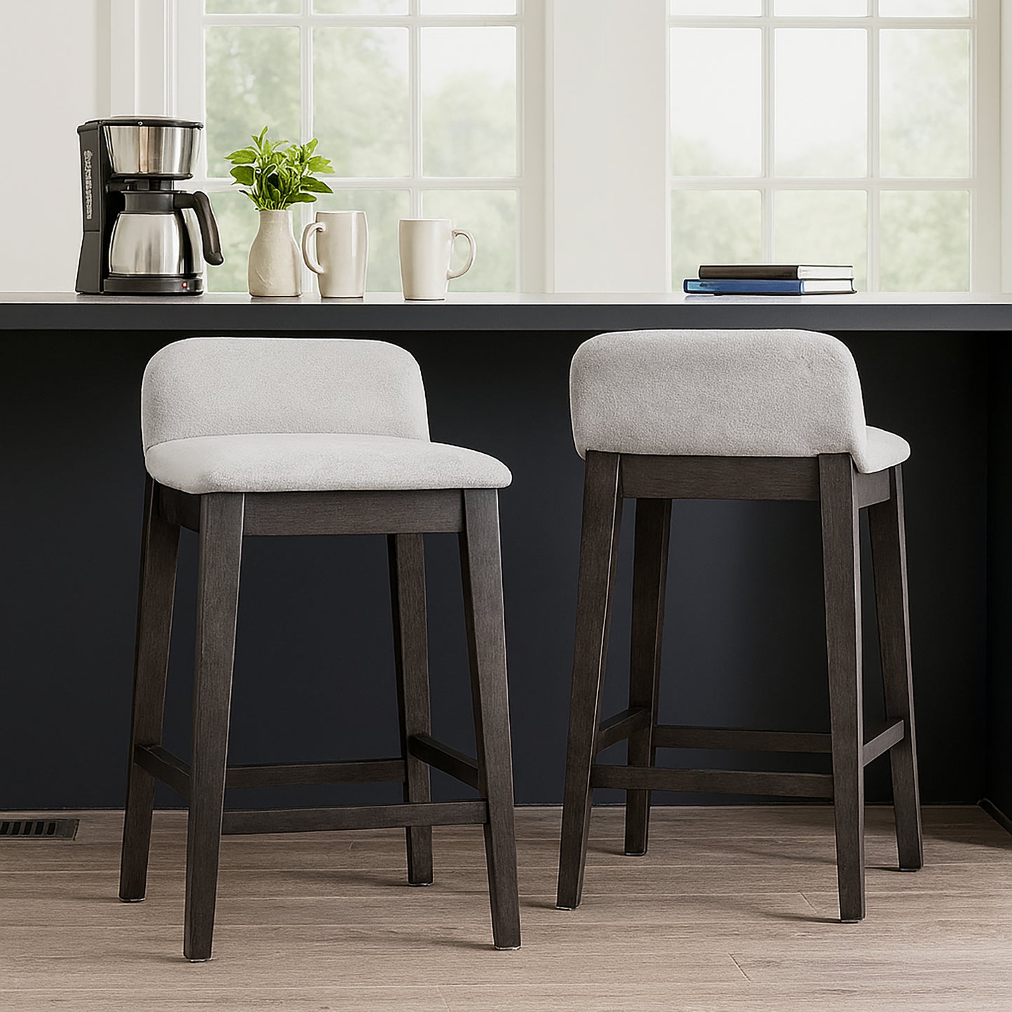 Set of 2 Atia Black Stained Rubberwood Counter Stool with Low Back Fabric Seat