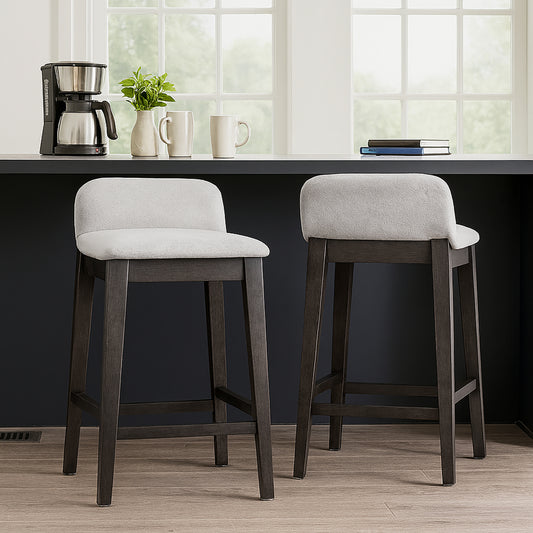 Set of 2 Atia Black Stained Rubberwood Counter Stool with Low Back Fabric Seat