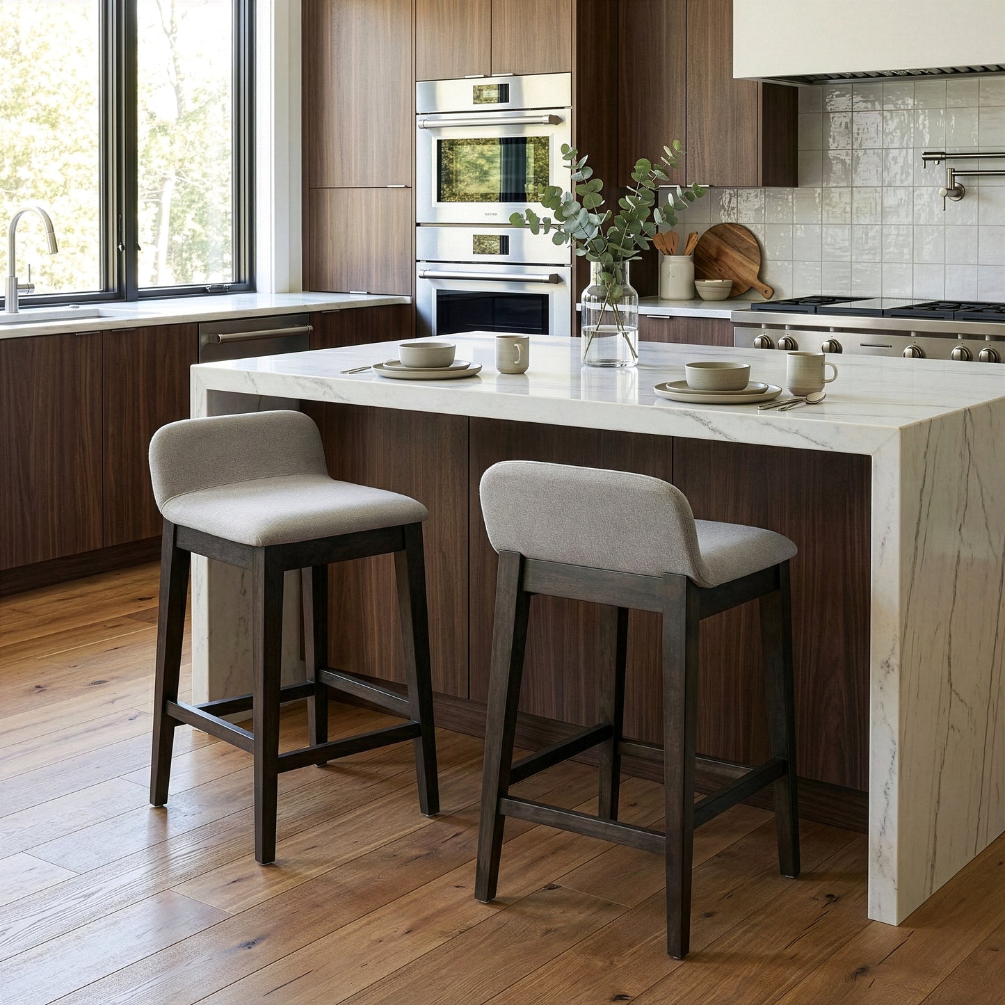 Set of 2 Atia Black Stained Rubberwood Counter Stool with Low Back Fabric Seat