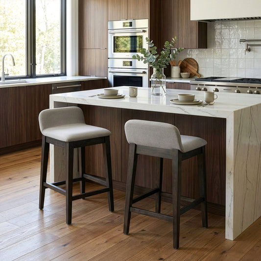 Set of 2 Atia Black Stained Rubberwood Counter Stool with Low Back Fabric Seat