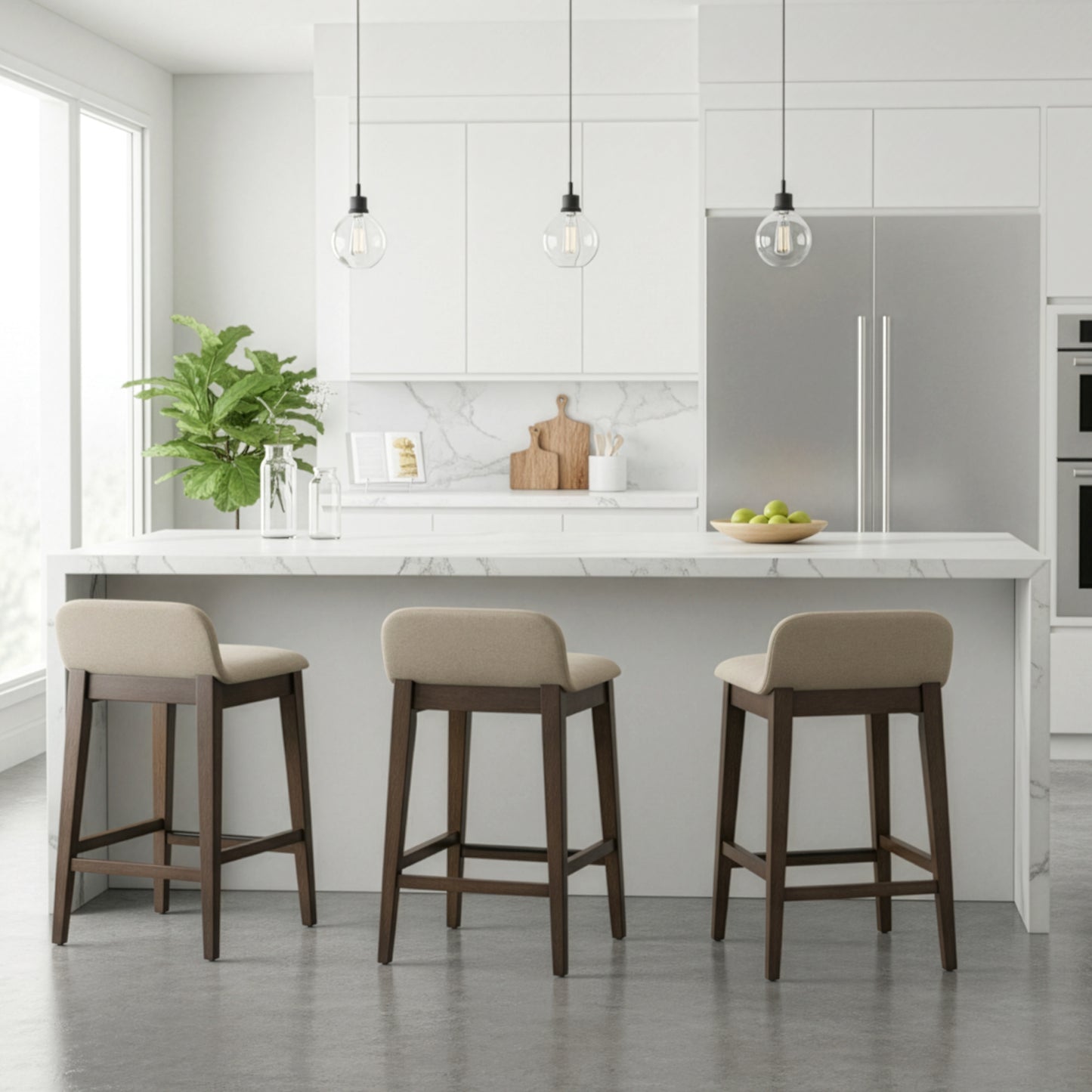 Set of 2 Atia Dark Brown Rubberwood Counter Stool with Low Back Fabric Seat