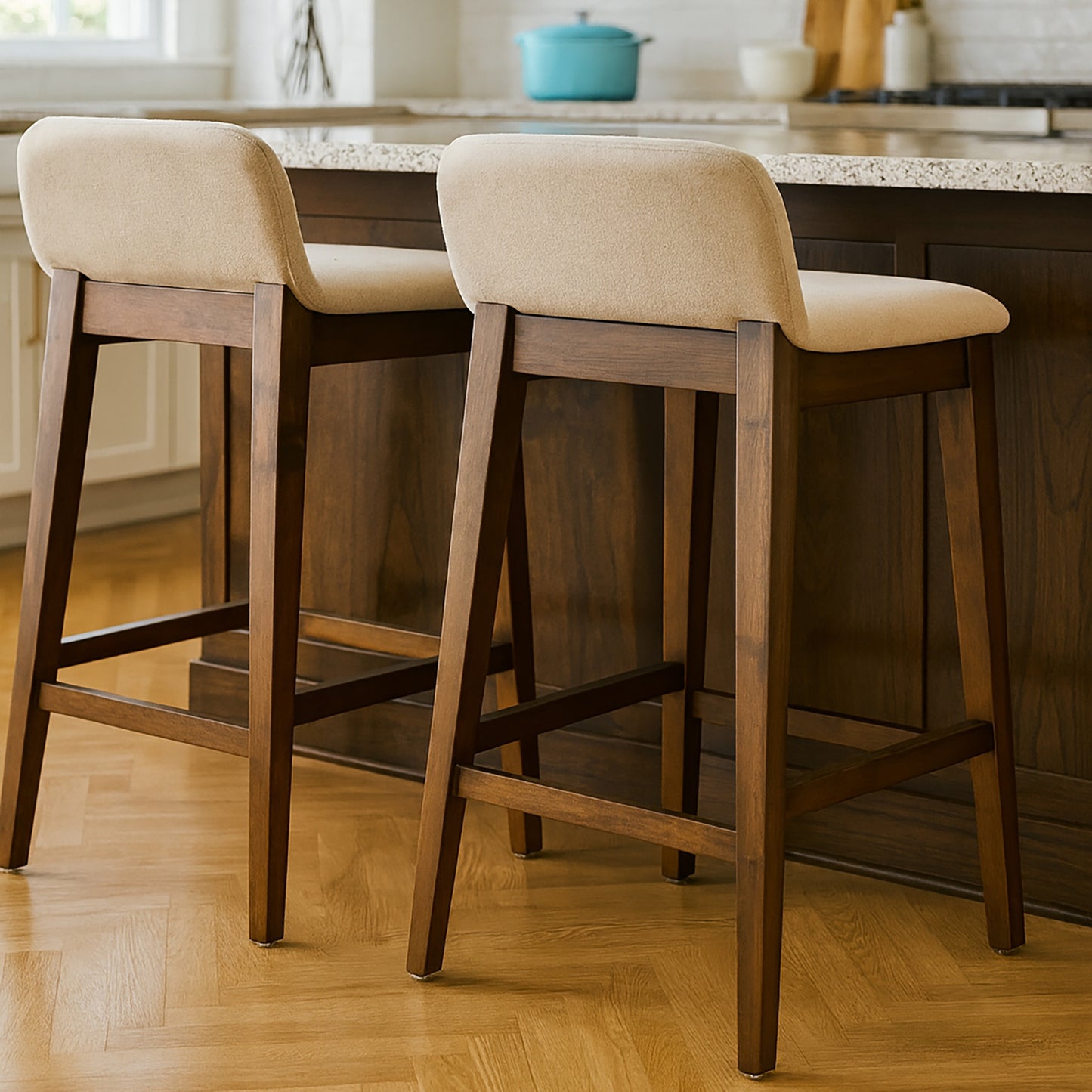 Set of 2 Atia Dark Brown Rubberwood Counter Stool with Low Back Fabric Seat