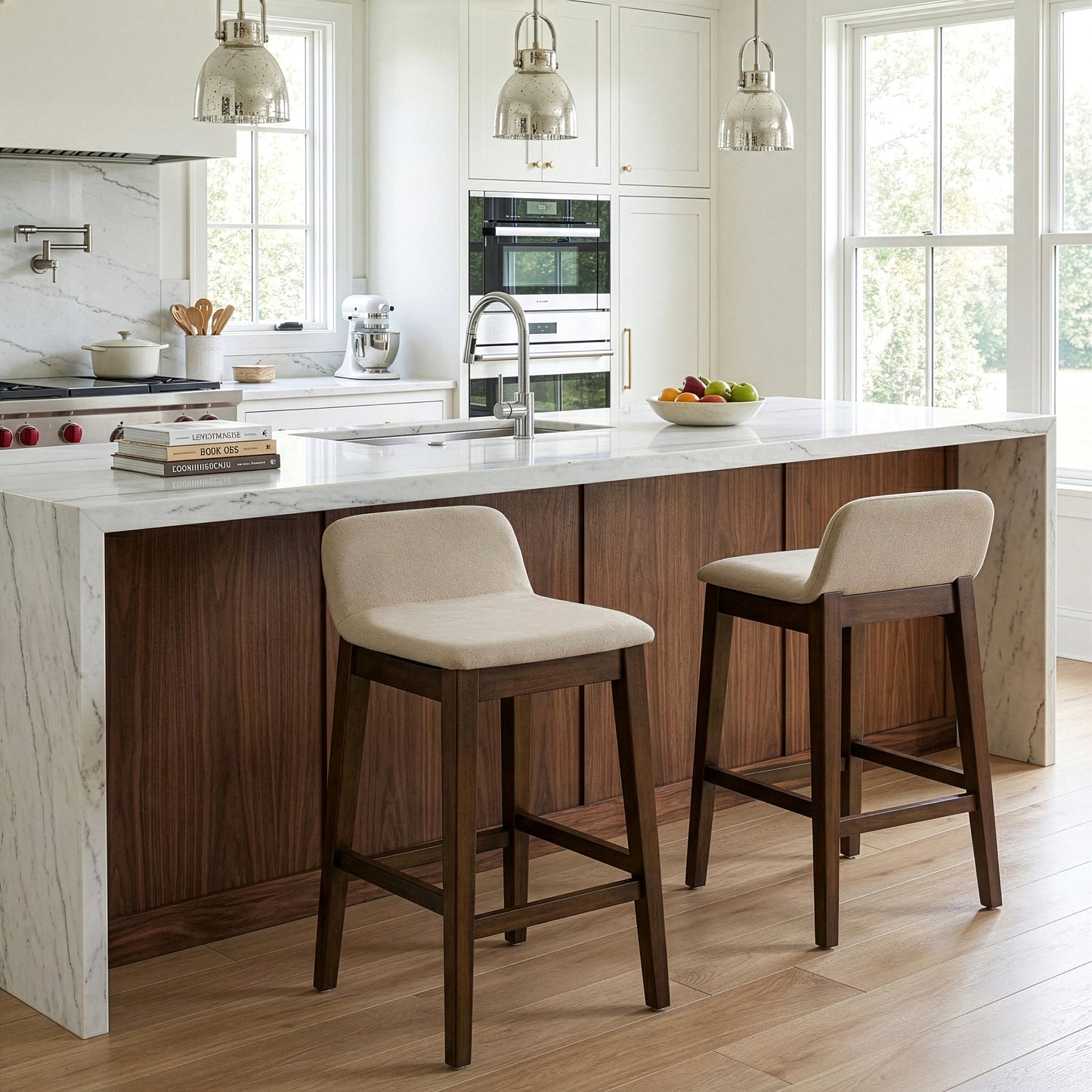 Set of 2 Atia Dark Brown Rubberwood Counter Stool with Low Back Fabric Seat