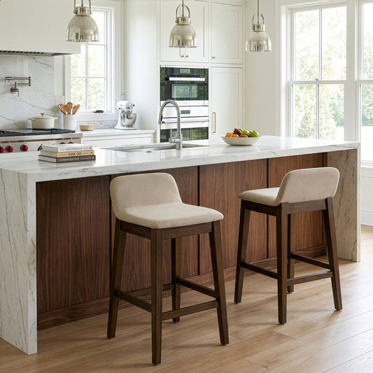 Set of 2 Atia Dark Brown Rubberwood Counter Stool with Low Back Fabric Seat