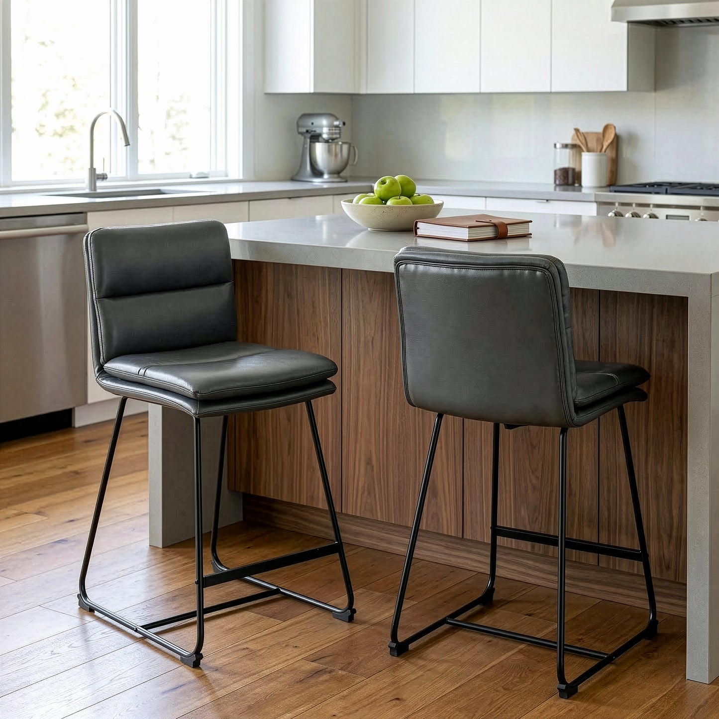 Set of 2 Aulani Grey Upholstered Metal Frame Counter Stool with Puffy Cushions