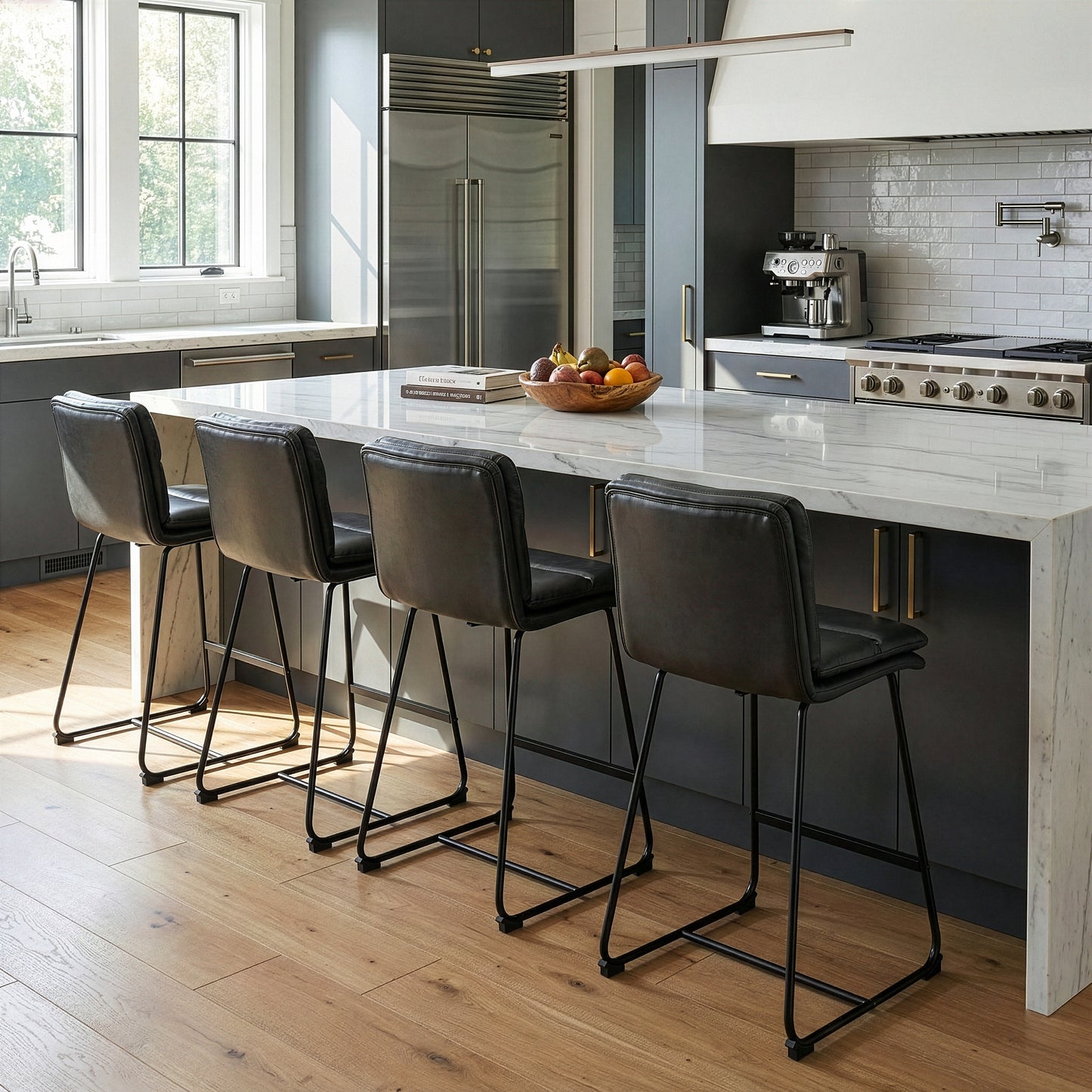 Set of 2 Aulani Grey Upholstered Metal Frame Counter Stool with Puffy Cushions