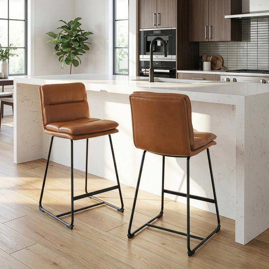 Set of 2 Aulani Light Brown Upholstered Metal Frame Counter Stool with Puffy Cushions