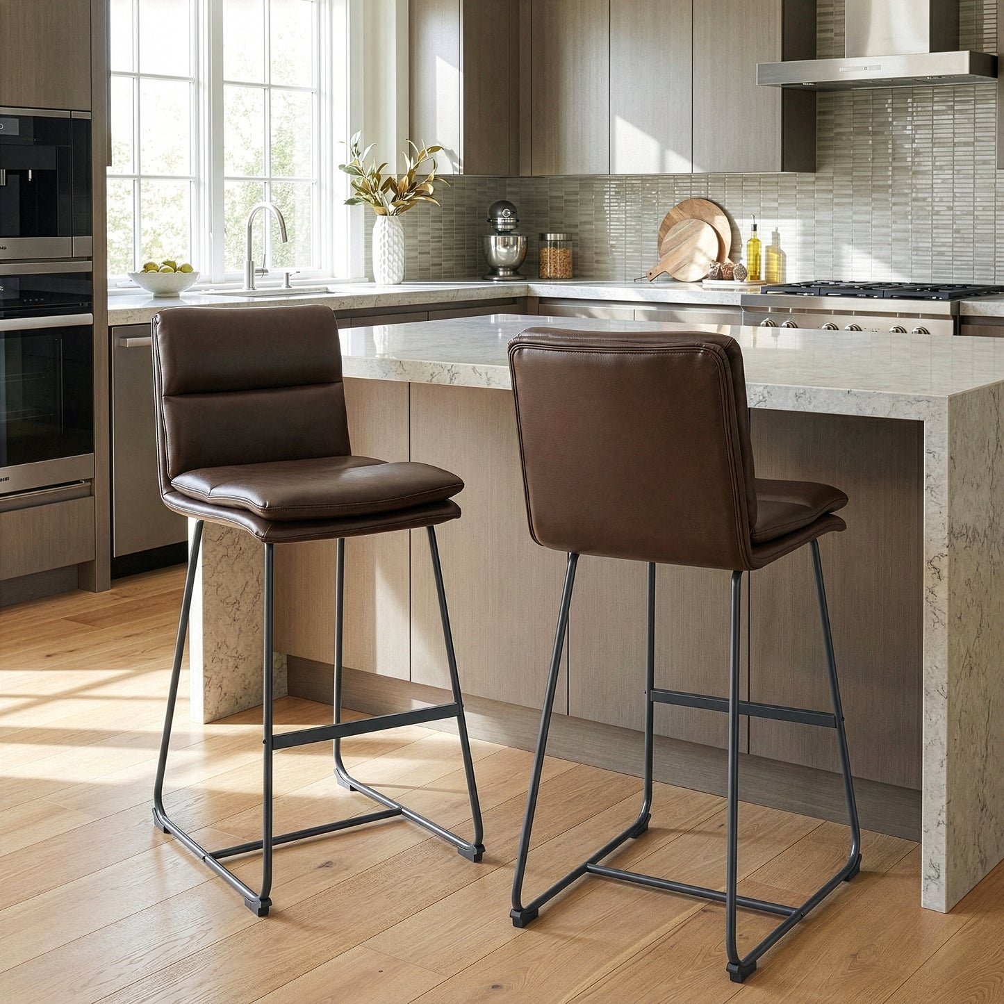 Set of 2 Aulani Brown Upholstered Metal Frame Counter Stool with Puffy Cushions