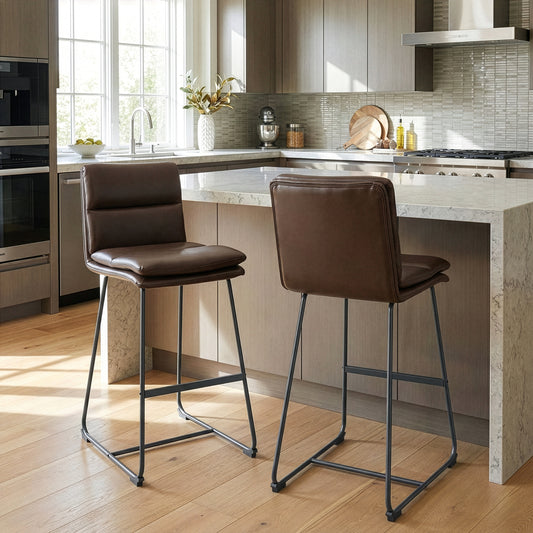 Set of 2 Aulani Brown Upholstered Metal Frame Counter Stool with Puffy Cushions