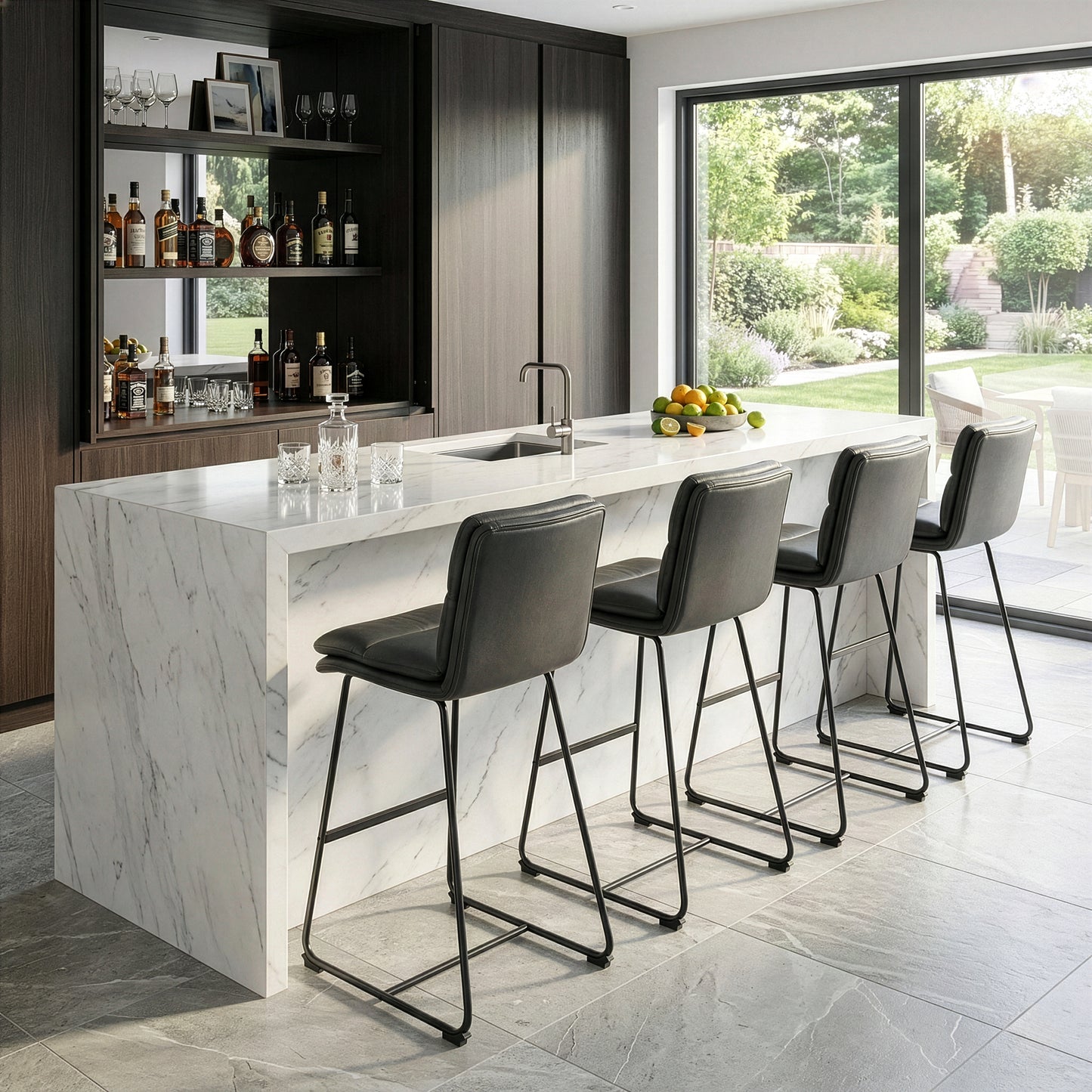 Set of 2 Aulani Grey Upholstered Metal Frame Bar Stool with Puffy Cushions