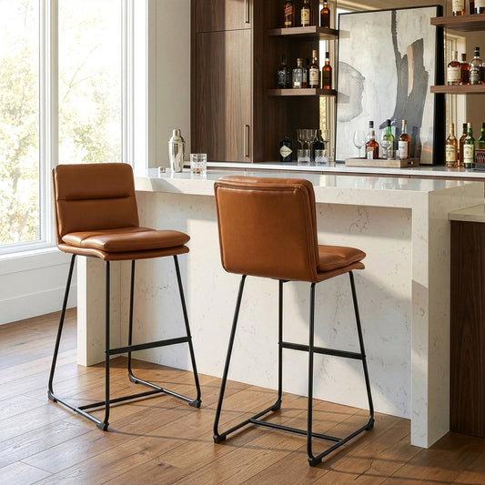 Set of 2 Aulani Light Brown Upholstered Metal Frame Bar Stool with Puffy Cushions