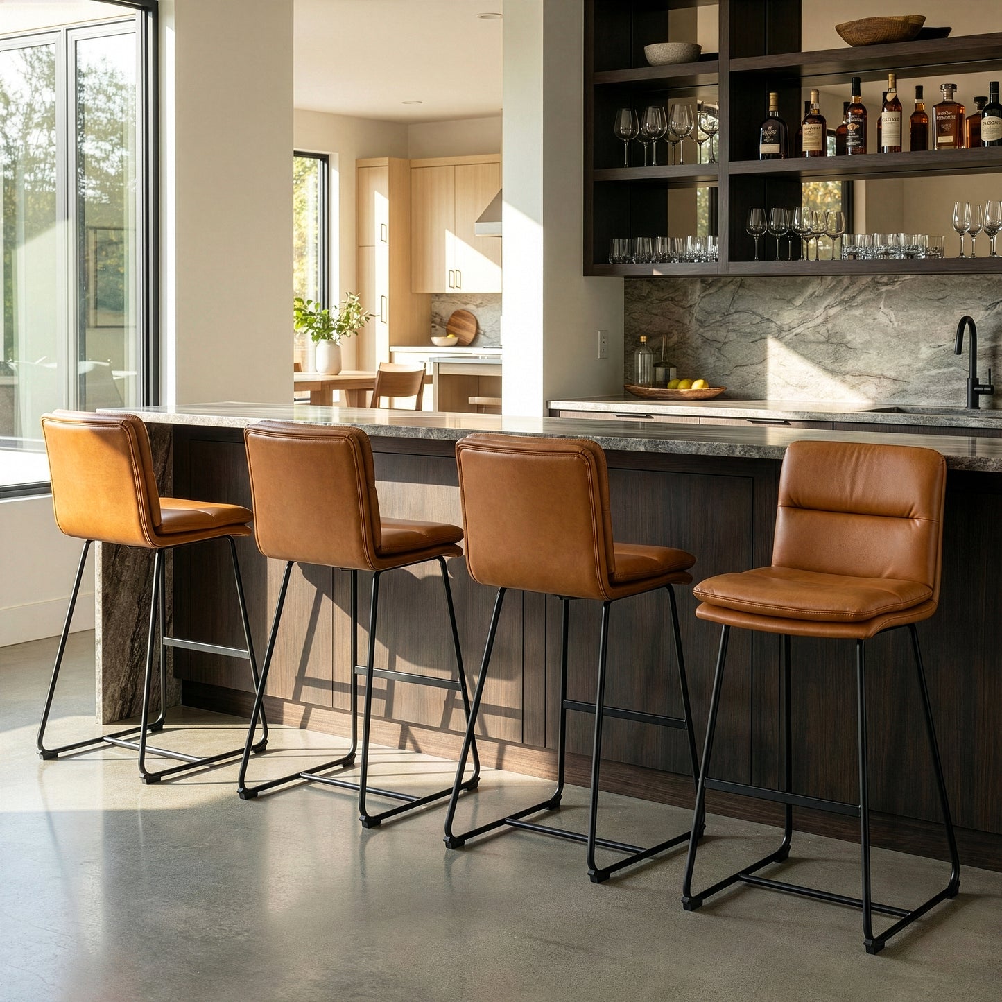 Set of 2 Aulani Light Brown Upholstered Metal Frame Bar Stool with Puffy Cushions