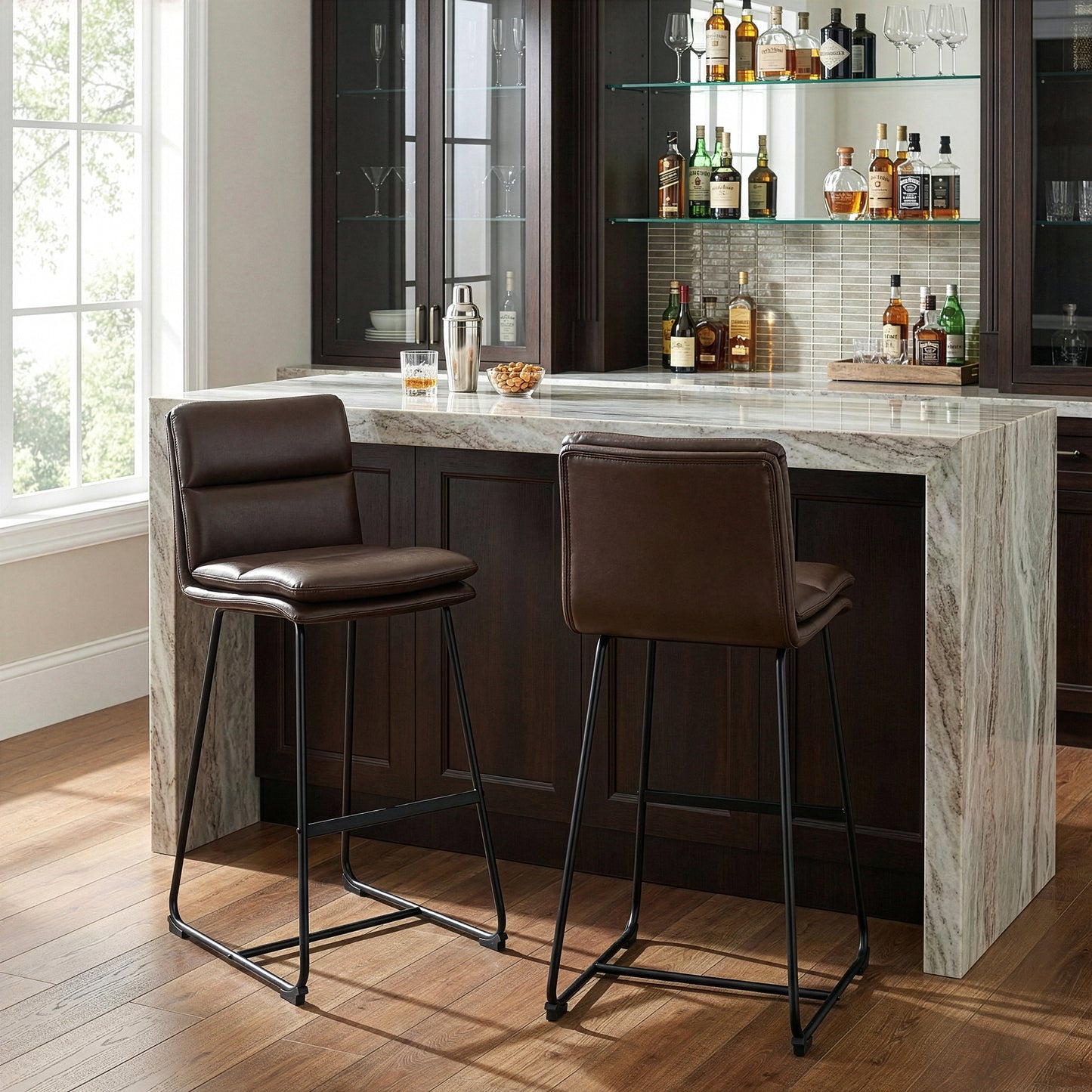 Set of 2 Aulani Brown Upholstered Metal Frame Bar Stool with Puffy Cushions