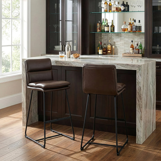 Set of 2 Aulani Brown Upholstered Metal Frame Bar Stool with Puffy Cushions