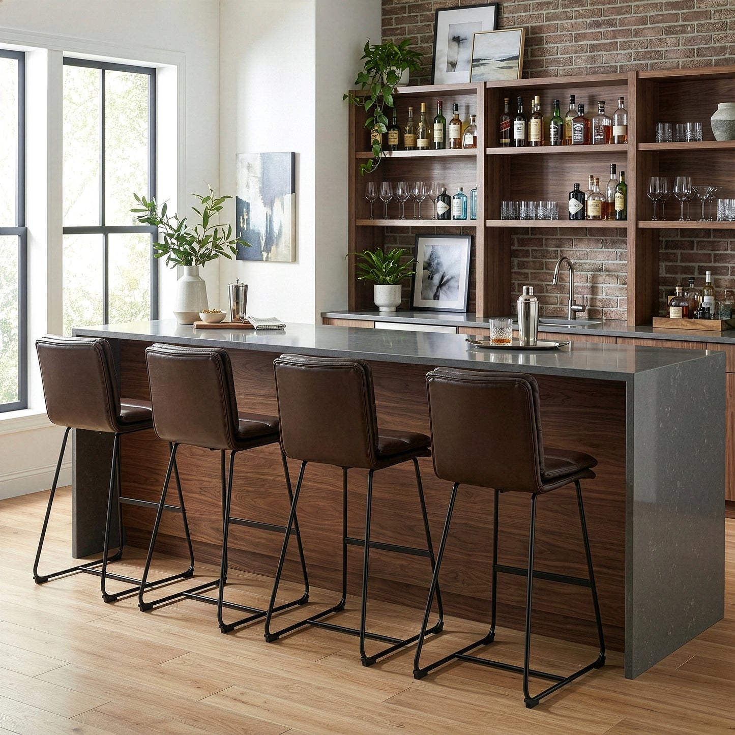 Set of 2 Aulani Brown Upholstered Metal Frame Bar Stool with Puffy Cushions