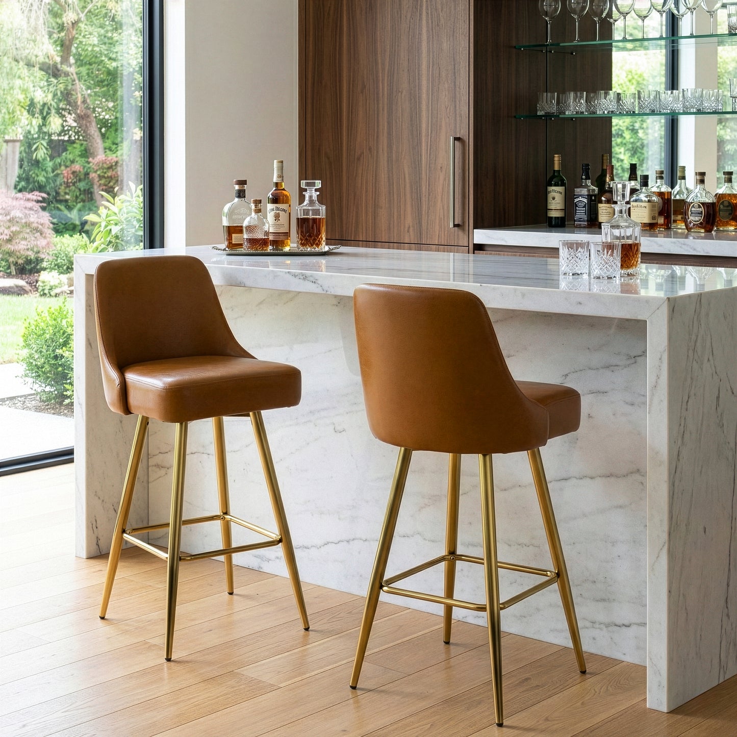 Set of 2 Auren Light Brown Upholstered Metal Frame Bar Stool with Golden Legs