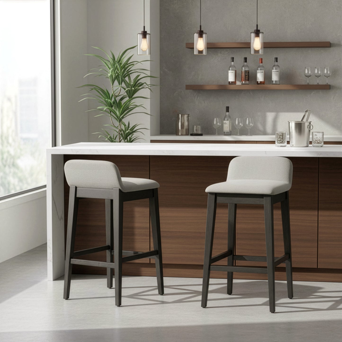 Set of 2 Atia Black Stained Rubberwood Bar Height Barstool with Low Back Fabric Seat