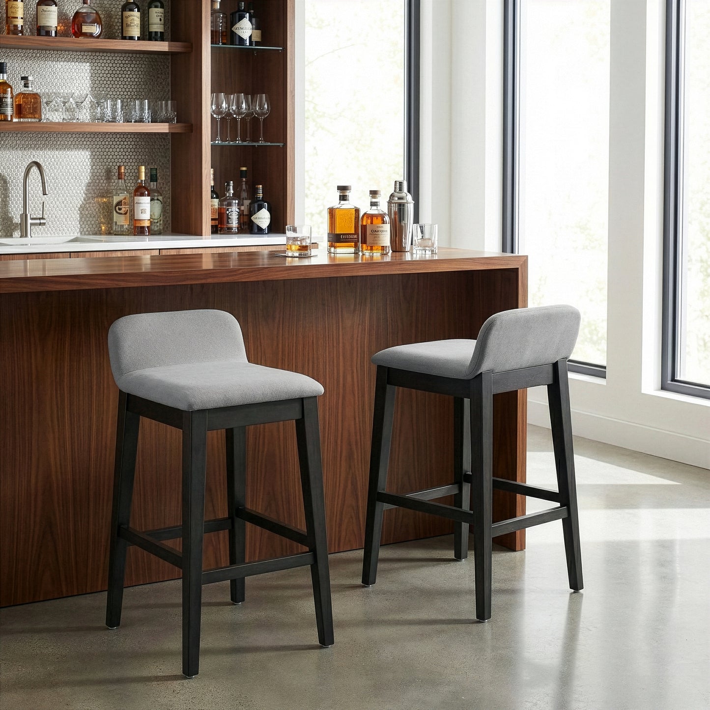 Set of 2 Atia Black Stained Rubberwood Bar Height Barstool with Low Back Fabric Seat