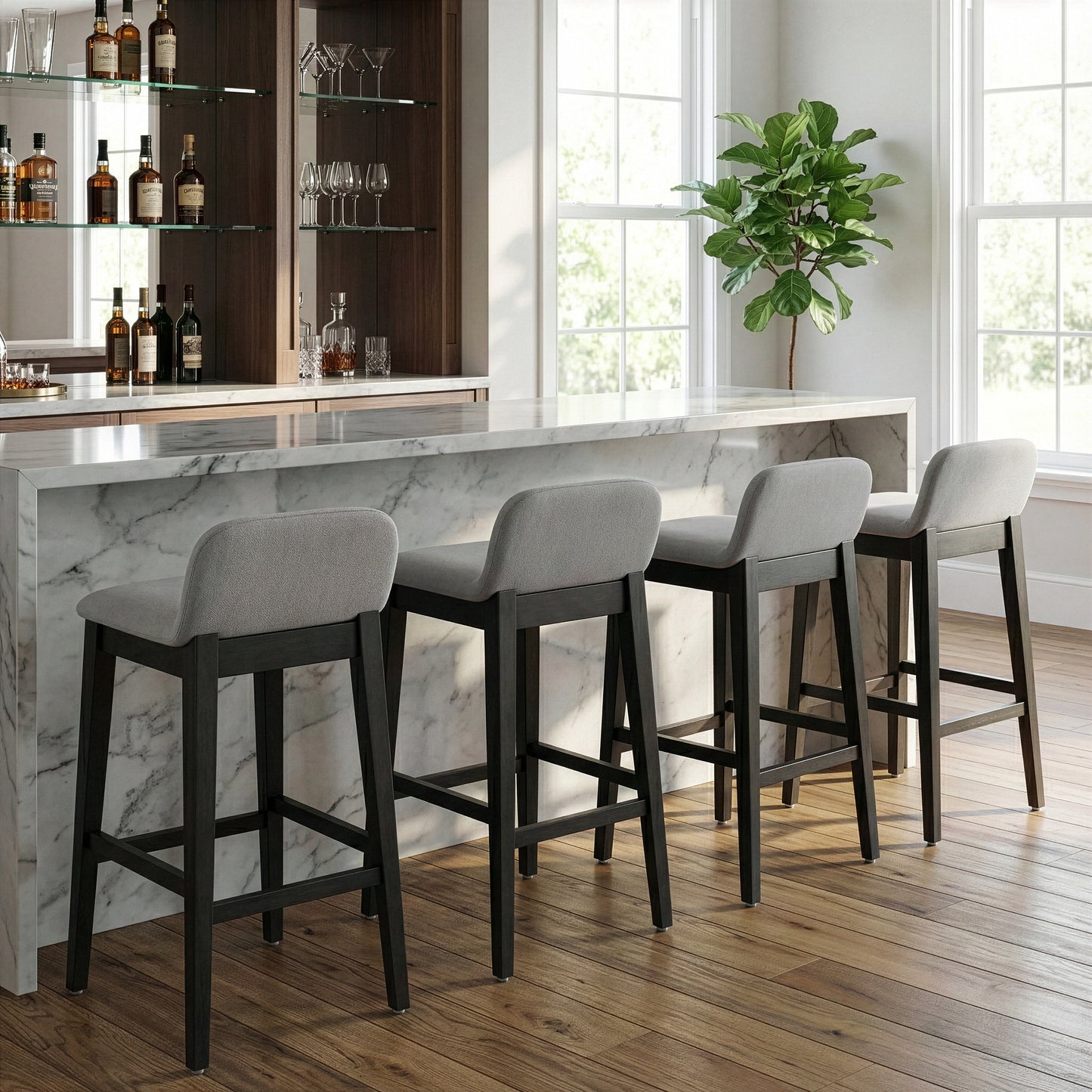 Set of 2 Atia Black Stained Rubberwood Bar Height Barstool with Low Back Fabric Seat