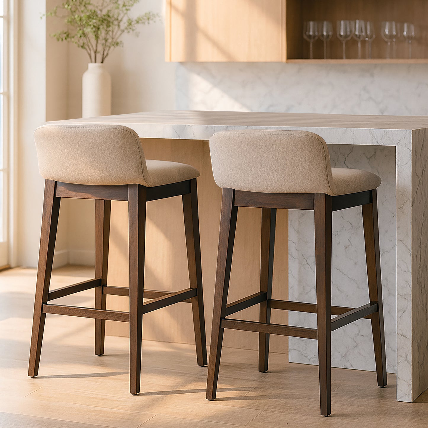 Set of 2 Atia Dark Brown Rubberwood  Bar Heigh Barstool with Low Back Fabric Seat