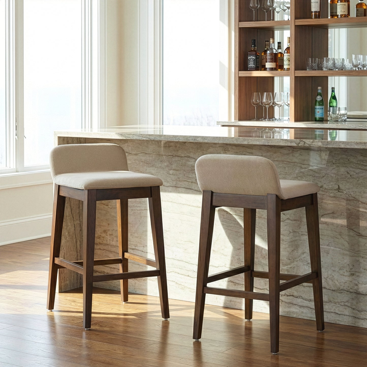 Set of 2 Atia Dark Brown Rubberwood  Bar Heigh Barstool with Low Back Fabric Seat
