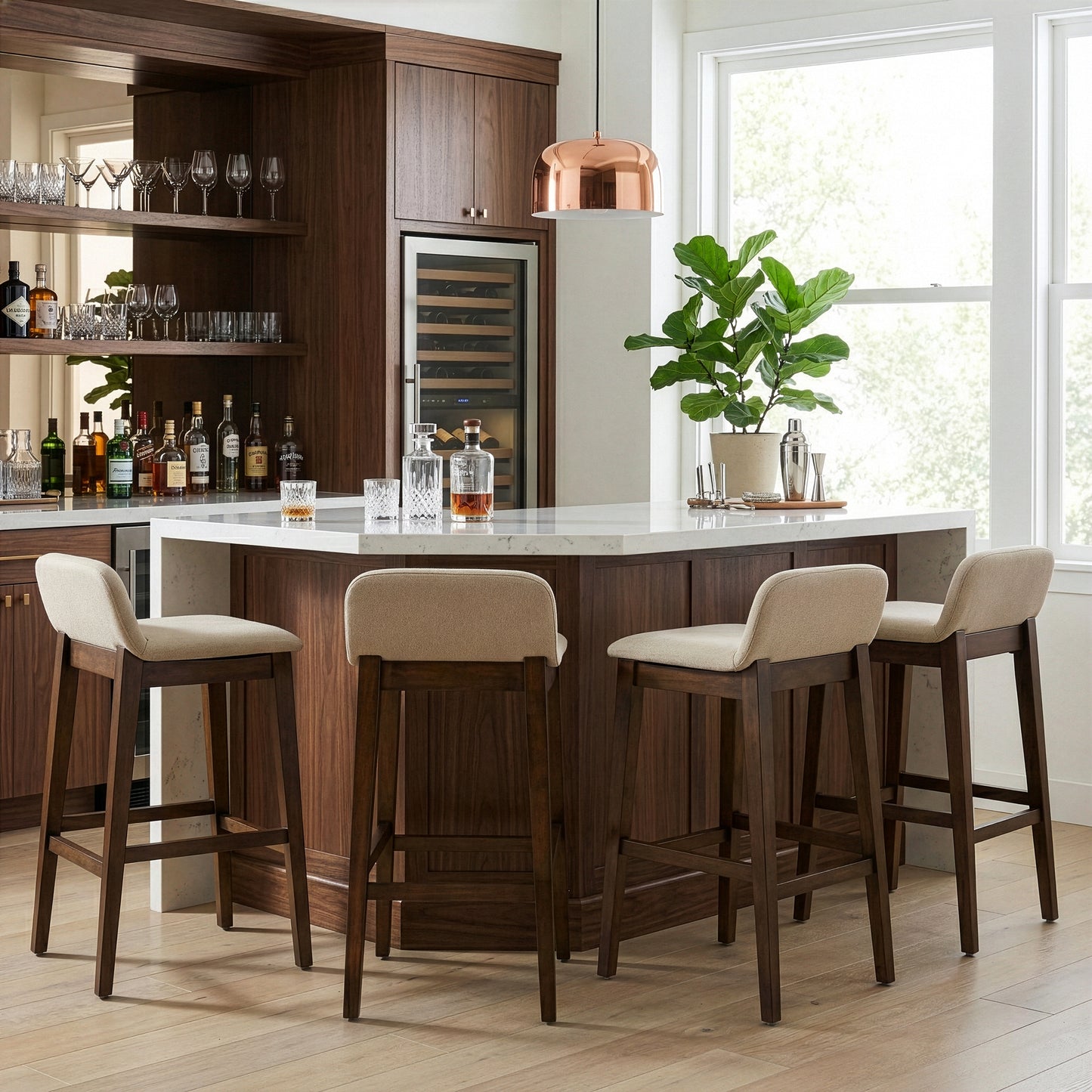 Set of 2 Atia Dark Brown Rubberwood  Bar Heigh Barstool with Low Back Fabric Seat