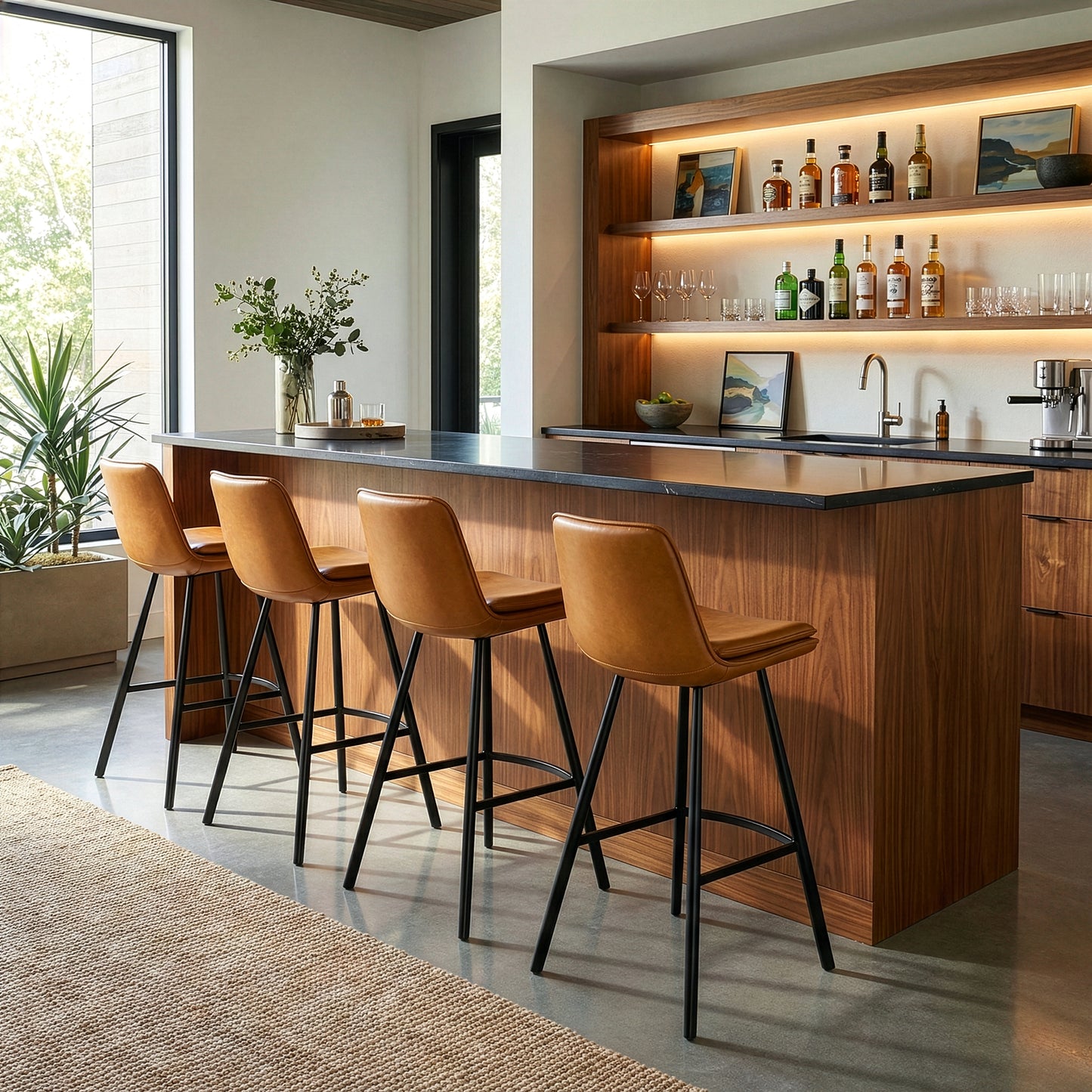 Set of 2 Avalyn Cappuccino Faux Leather Bar Stool with Black Metal Legs