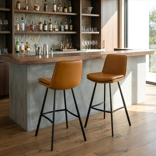 Set of 2 Avalyn Cappuccino Faux Leather Bar Stool with Black Metal Legs