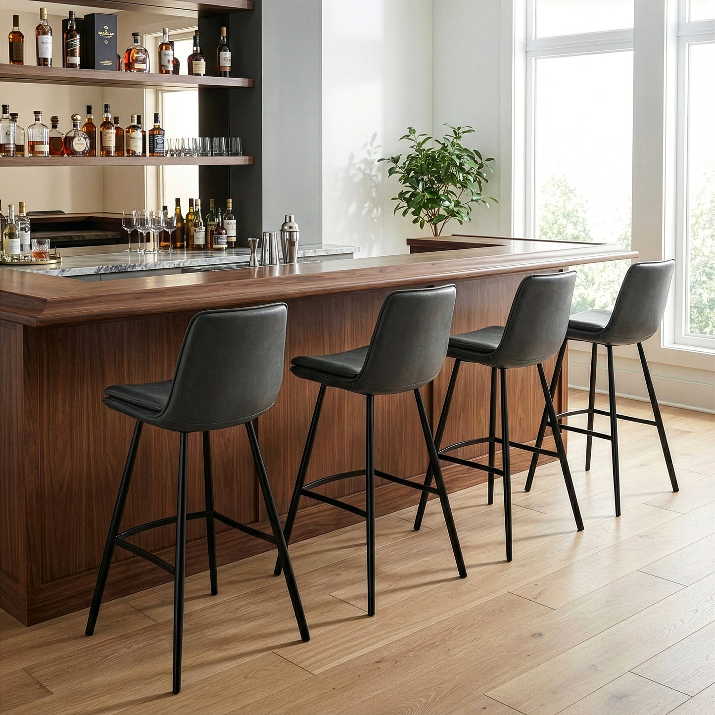 Set of 2 Avalyn Grey Faux Leather Bar Stool with Black Metal Legs