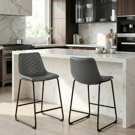 Set of 2 Ave Iron Frame Gray Faux Leather Counter Stool with Stitching