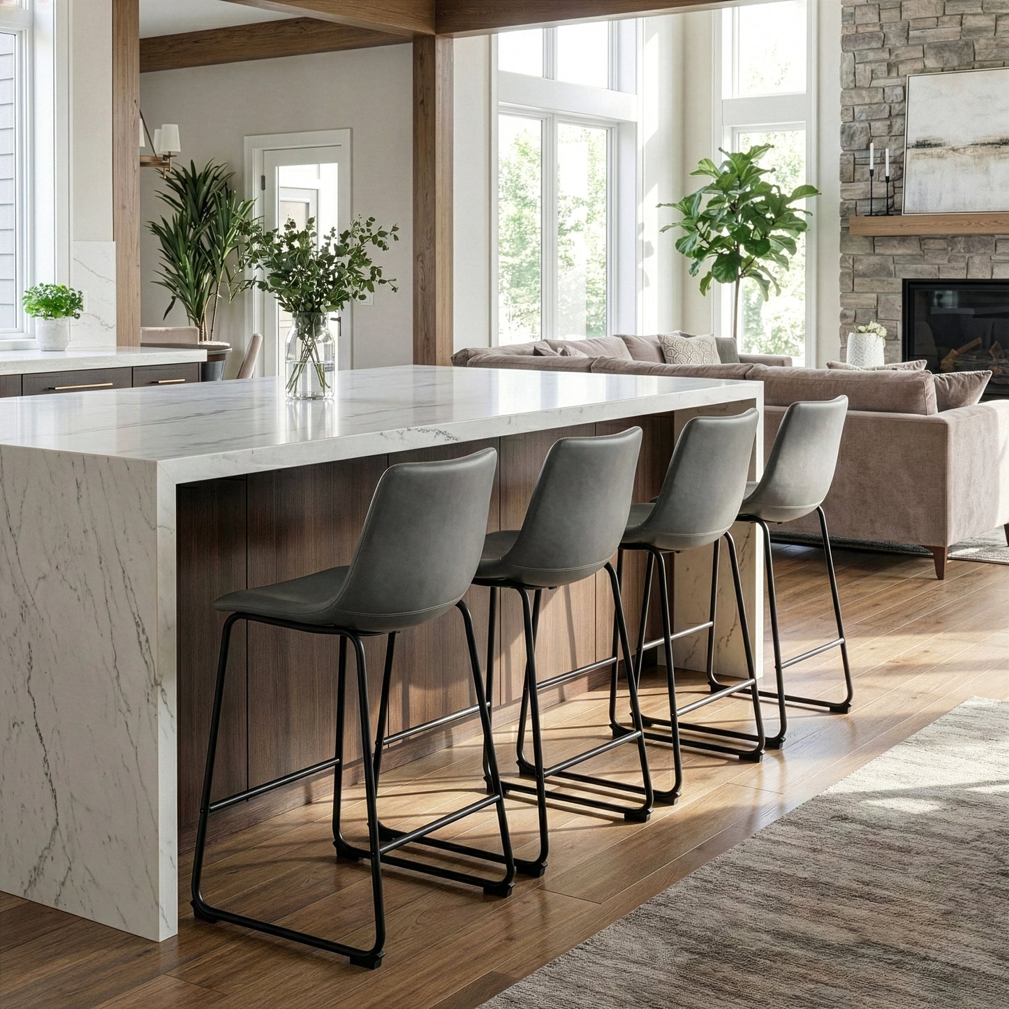 Set of 2 Ave Iron Frame Gray Faux Leather Counter Stool with Stitching