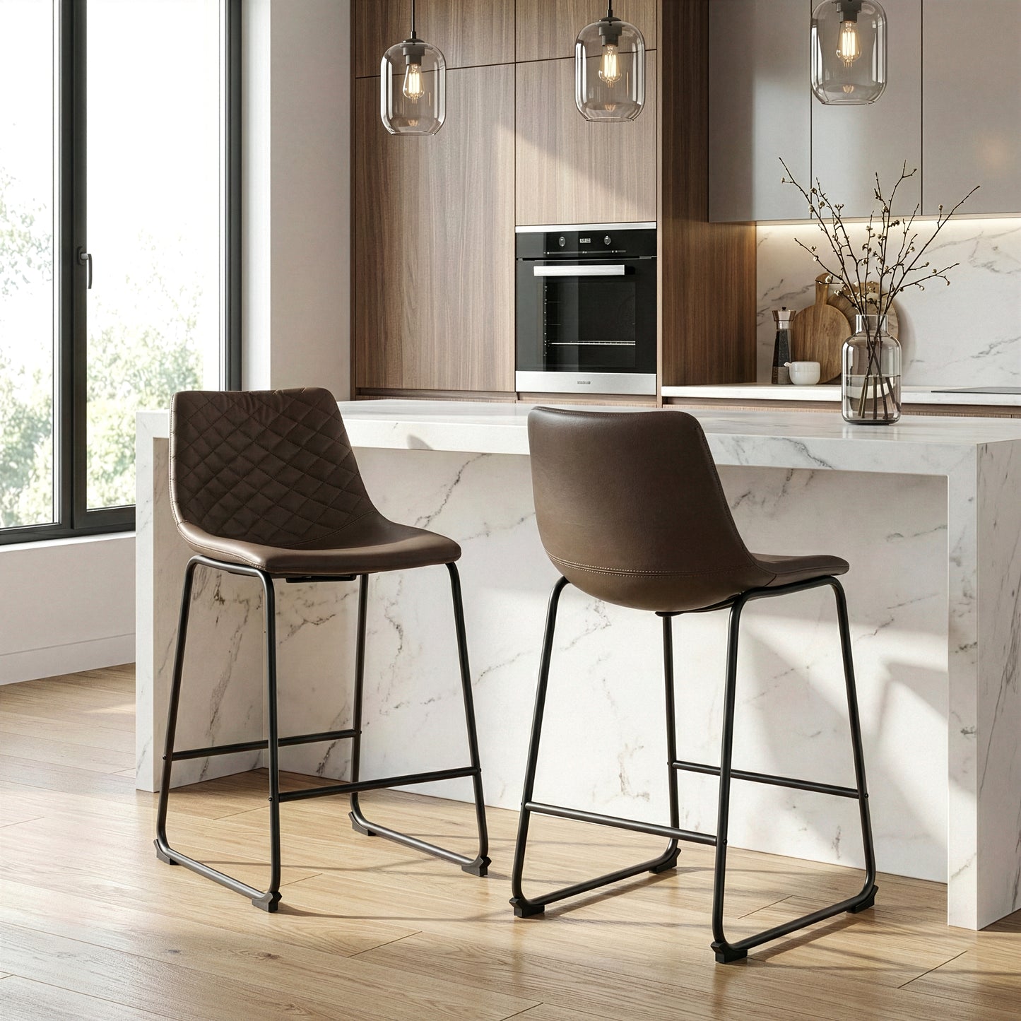 Set of 2 Ave Iron Frame Brown Faux Leather Counter Stool with Stitching
