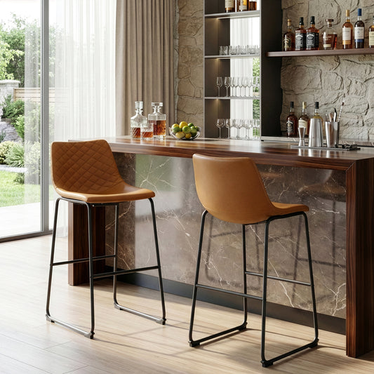Set of 2 Ave Iron Frame Cappuccino Brown Faux Leather Bar Stool with Stitching